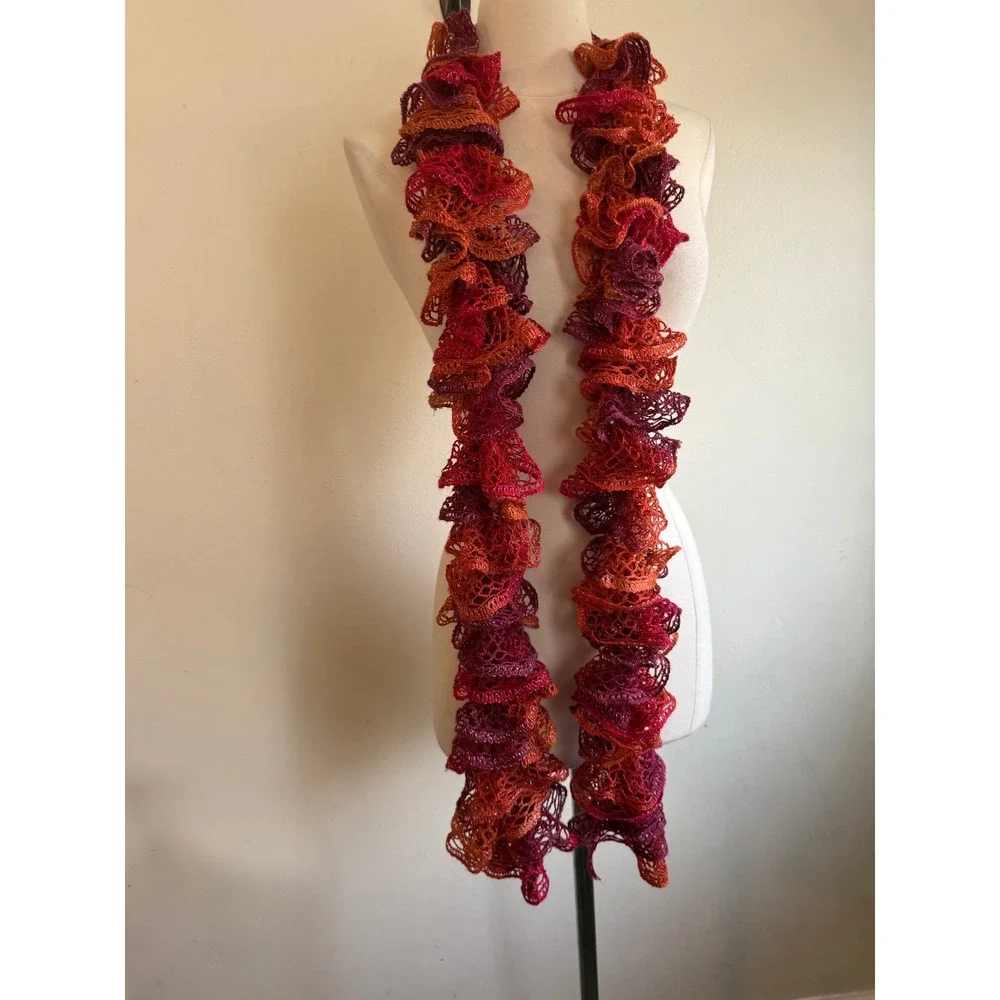 Handmade Crochet Ruffle Scarf Sunset Red Orange Metallic Shimmer Whimsigoth Boho
